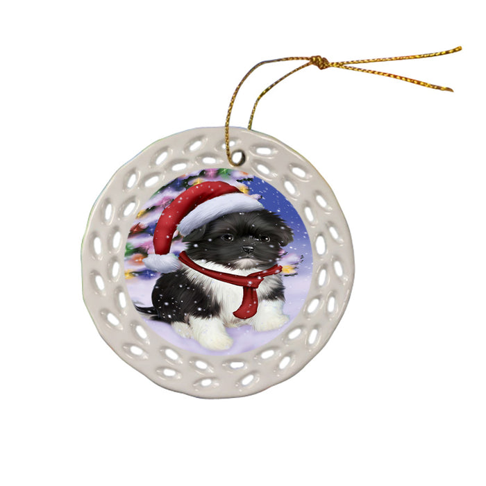 Winterland Wonderland Shih Tzu Dog In Christmas Holiday Scenic Background  Ceramic Doily Ornament DPOR53422