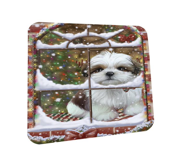 Please Come Home For Christmas Shih Tzu Dog Sitting In Window Coasters Set of 4 CST53906