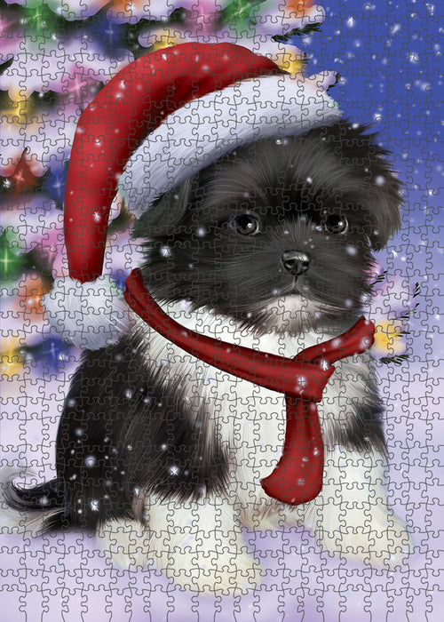Winterland Wonderland Shih Tzu Dog In Christmas Holiday Scenic Background Puzzle with Photo Tin PUZL80844