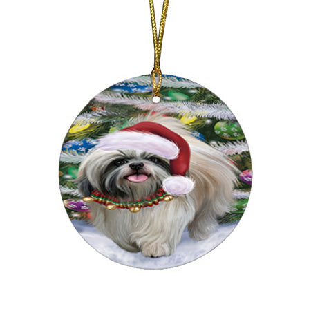 Trotting in the Snow Shih Tzu Dog Round Flat Christmas Ornament RFPOR57025
