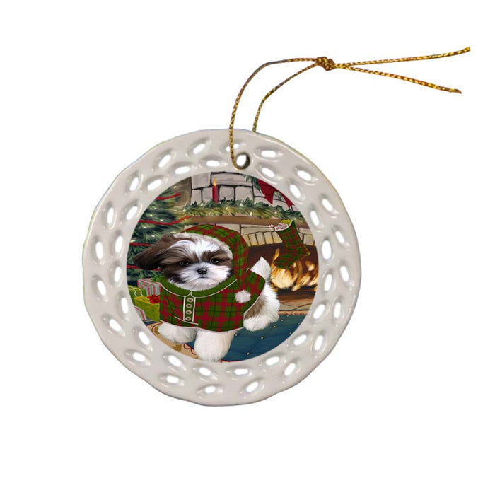 The Stocking was Hung Shih Tzu Dog Ceramic Doily Ornament DPOR55974
