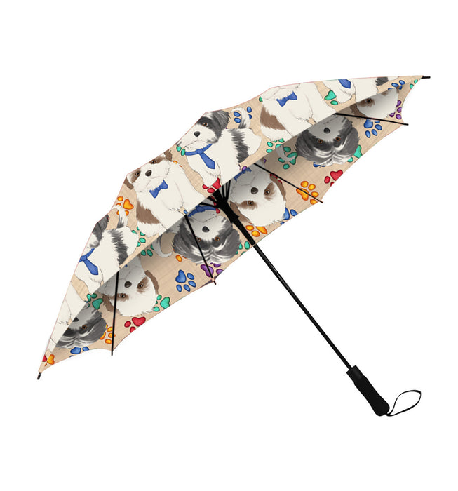 Rainbow Paw Print Shih Tzu Dogs Blue Semi-Automatic Foldable Umbrella