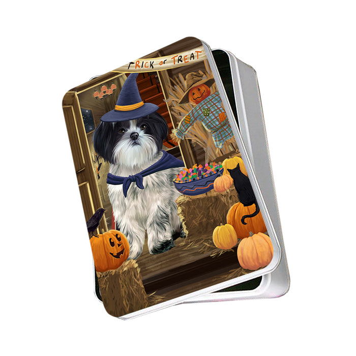 Enter at Own Risk Trick or Treat Halloween Shih Tzu Dog Photo Storage Tin PITN53289
