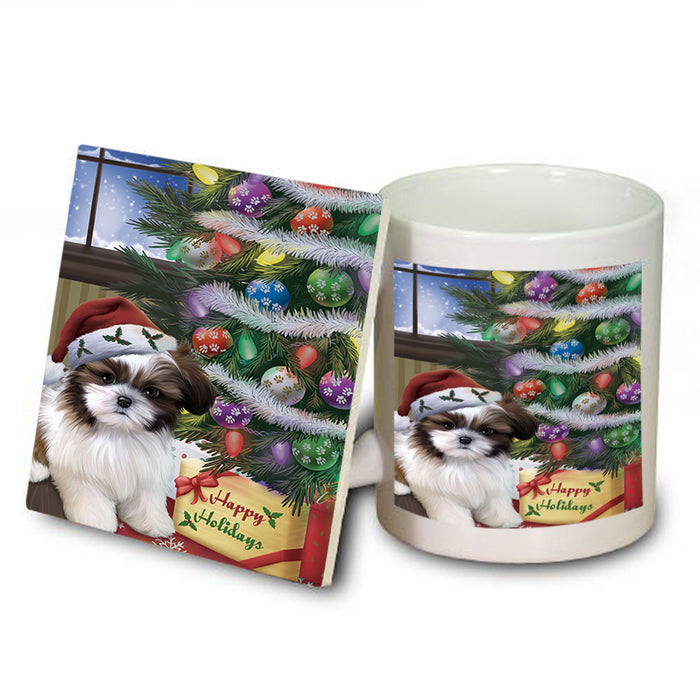 Christmas Happy Holidays Shih Tzu Dog with Tree and Presents Mug and Coaster Set MUC53853