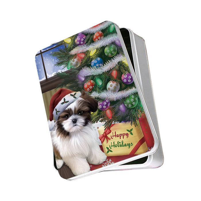 Christmas Happy Holidays Shih Tzu Dog with Tree and Presents Photo Storage Tin PITN53804