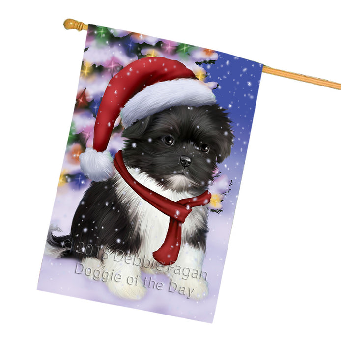 Winterland Wonderland Shih Tzu Dog In Christmas Holiday Scenic Background  House Flag FLG53620