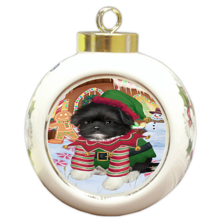 Christmas Gingerbread House Candyfest Shih Tzu Dog Round Ball Christmas Ornament RBPOR56908
