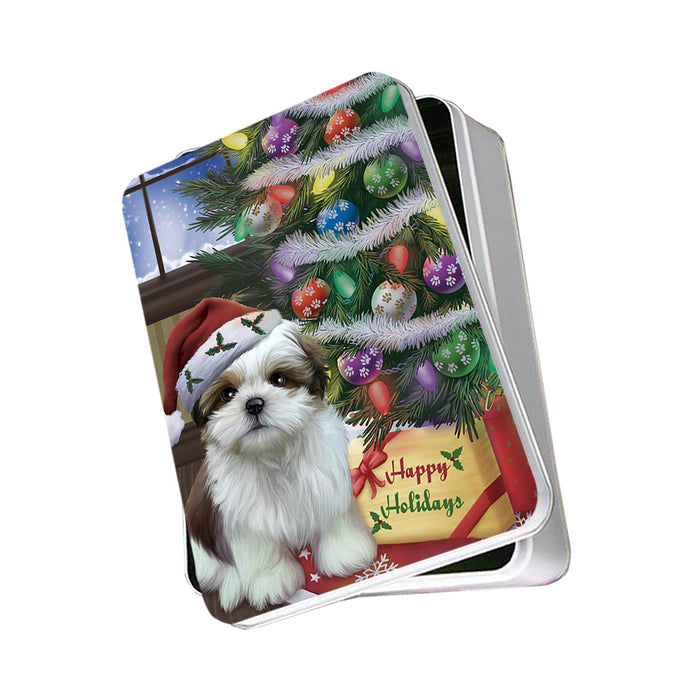 Christmas Happy Holidays Shih Tzu Dog with Tree and Presents Photo Storage Tin PITN53805