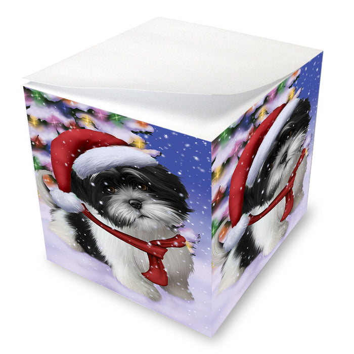 Winterland Wonderland Shih Tzu Dog In Christmas Holiday Scenic Background Note Cube NOC53423