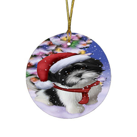 Winterland Wonderland Shih Tzu Dog In Christmas Holiday Scenic Background  Round Flat Christmas Ornament RFPOR53414