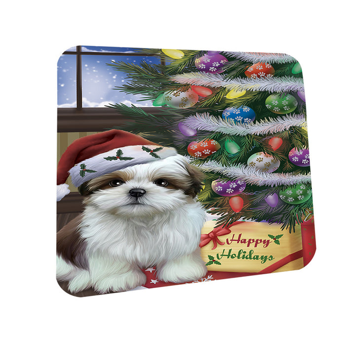 Christmas Happy Holidays Shih Tzu Dog with Tree and Presents Coasters Set of 4 CST53820