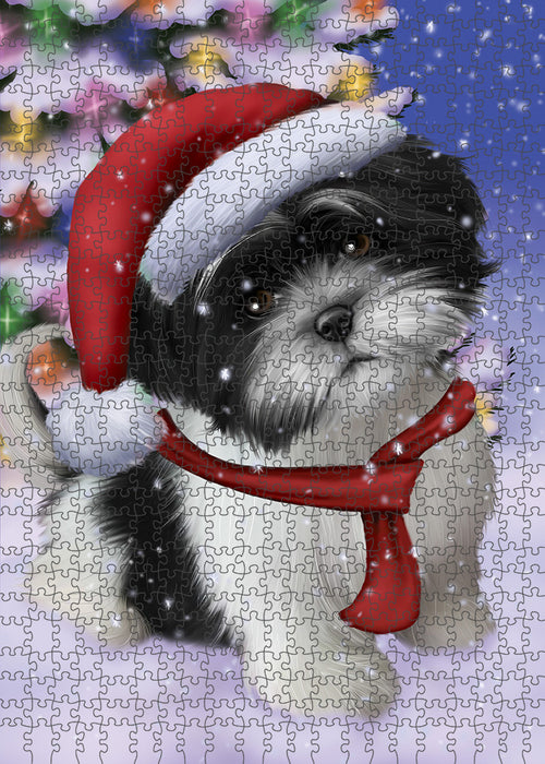 Winterland Wonderland Shih Tzu Dog In Christmas Holiday Scenic Background Puzzle with Photo Tin PUZL80848