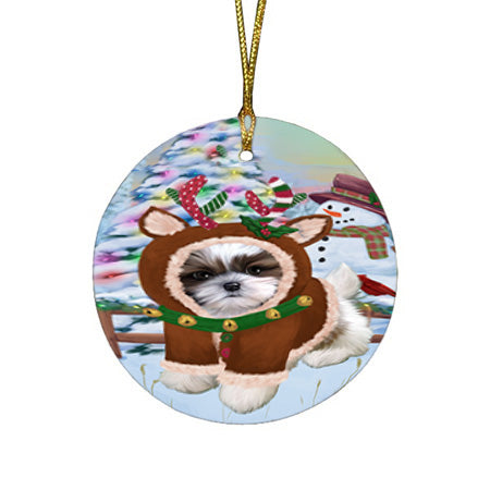 Christmas Gingerbread House Candyfest Shih Tzu Dog Round Flat Christmas Ornament RFPOR56909