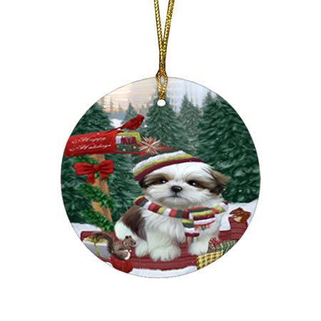 Merry Christmas Woodland Sled Shih Tzu Dog Round Flat Christmas Ornament RFPOR55395
