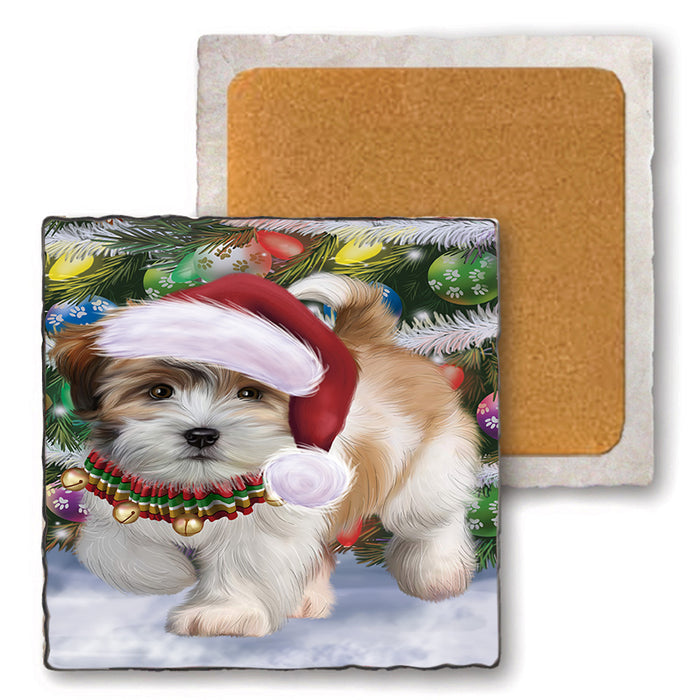 Trotting in the Snow Shih Tzu Dog Set of 4 Natural Stone Marble Tile Coasters MCST51670