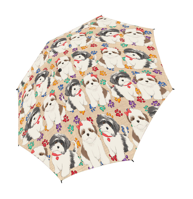 Rainbow Paw Print Shih Tzu Dogs Red Semi-Automatic Foldable Umbrella