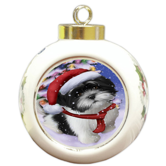 Winterland Wonderland Shih Tzu Dog In Christmas Holiday Scenic Background  Round Ball Christmas Ornament RBPOR53423