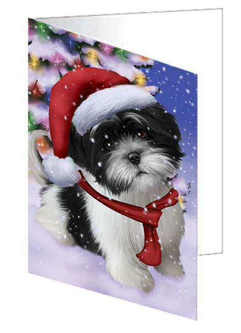 Winterland Wonderland Shih Tzu Dog In Christmas Holiday Scenic Background  Handmade Artwork Assorted Pets Greeting Cards and Note Cards with Envelopes for All Occasions and Holiday Seasons GCD64298