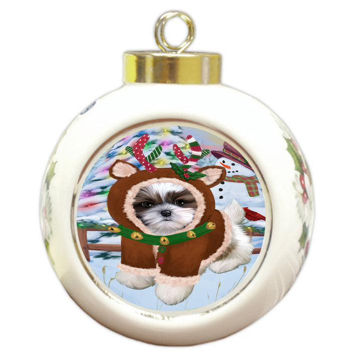 Christmas Gingerbread House Candyfest Shih Tzu Dog Round Ball Christmas Ornament RBPOR56909