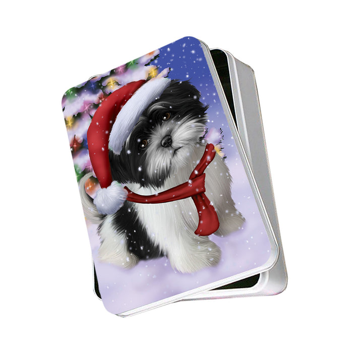 Winterland Wonderland Shih Tzu Dog In Christmas Holiday Scenic Background Photo Storage Tin PITN53423