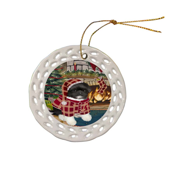 The Stocking was Hung Shih Tzu Dog Ceramic Doily Ornament DPOR55975