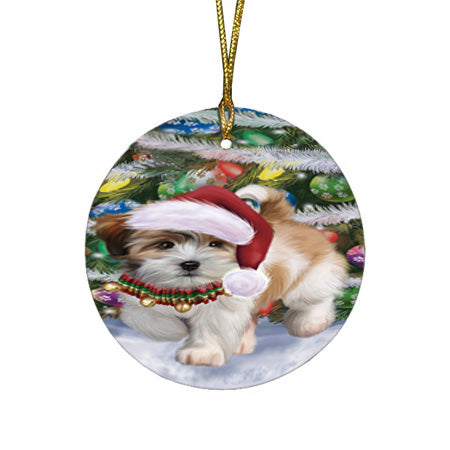 Trotting in the Snow Shih Tzu Dog Round Flat Christmas Ornament RFPOR57026