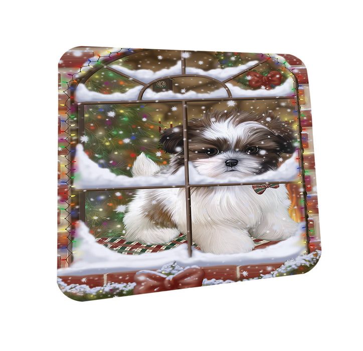 Please Come Home For Christmas Shih Tzu Dog Sitting In Window Coasters Set of 4 CST53907
