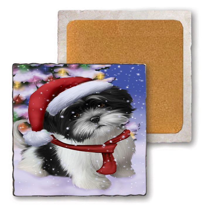 Winterland Wonderland Shih Tzu Dog In Christmas Holiday Scenic Background  Set of 4 Natural Stone Marble Tile Coasters MCST48423