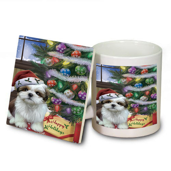 Christmas Happy Holidays Shih Tzu Dog with Tree and Presents Mug and Coaster Set MUC53854