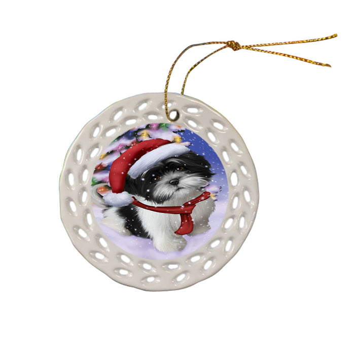 Winterland Wonderland Shih Tzu Dog In Christmas Holiday Scenic Background  Ceramic Doily Ornament DPOR53423