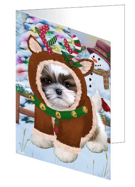 Christmas Gingerbread House Candyfest Shih Tzu Dog Handmade Artwork Assorted Pets Greeting Cards and Note Cards with Envelopes for All Occasions and Holiday Seasons GCD74174