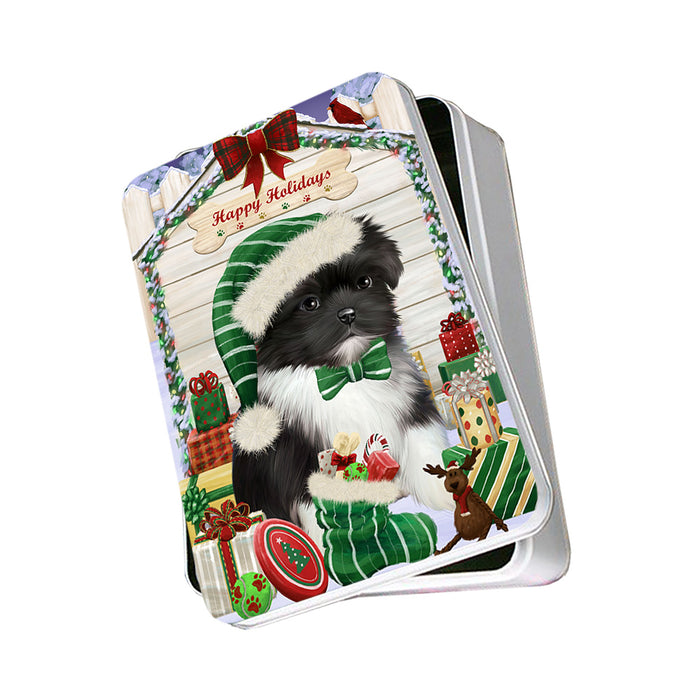Happy Holidays Christmas Shih Tzu Dog House With Presents Photo Storage Tin PITN51509