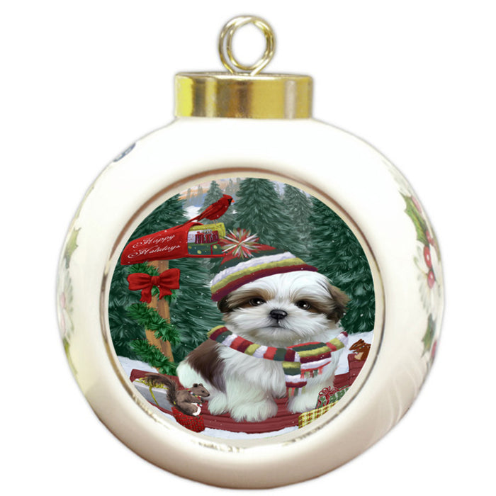 Merry Christmas Woodland Sled Shih Tzu Dog Round Ball Christmas Ornament RBPOR55395