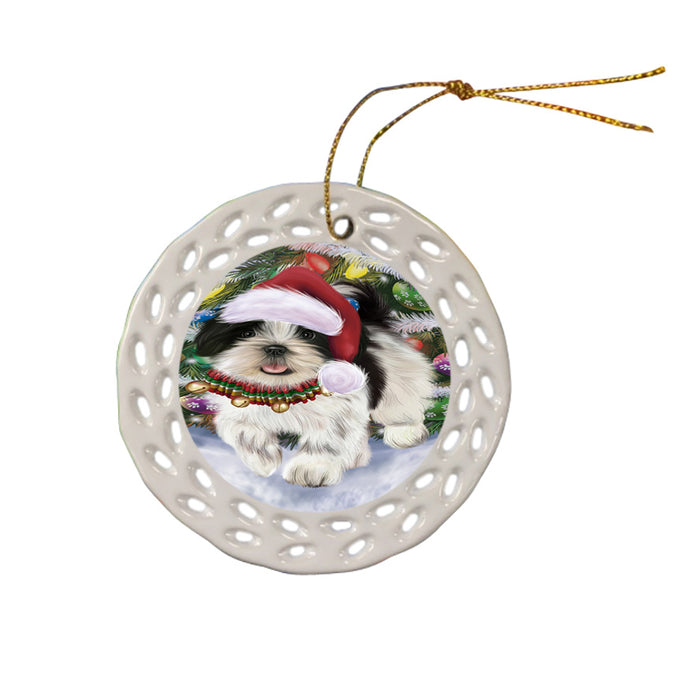 Trotting in the Snow Shih Tzu Dog Ceramic Doily Ornament DPOR57221