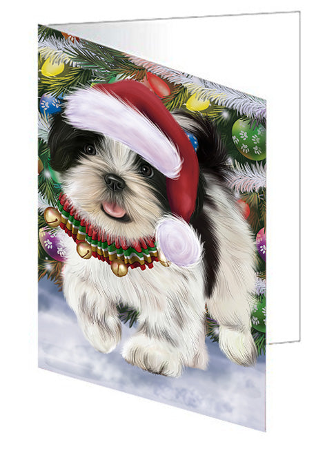 Trotting in the Snow Shih Tzu Dog Handmade Artwork Assorted Pets Greeting Cards and Note Cards with Envelopes for All Occasions and Holiday Seasons GCD74528