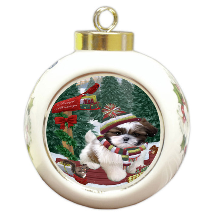 Merry Christmas Woodland Sled Shih Tzu Dog Round Ball Christmas Ornament RBPOR55396