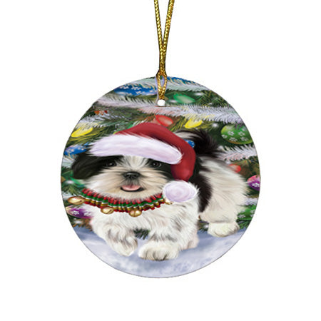 Trotting in the Snow Shih Tzu Dog Round Flat Christmas Ornament RFPOR57027