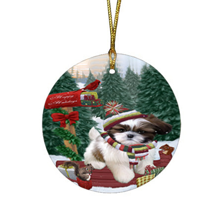 Merry Christmas Woodland Sled Shih Tzu Dog Round Flat Christmas Ornament RFPOR55396