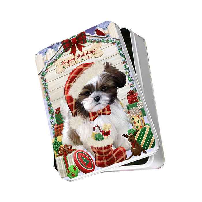 Happy Holidays Christmas Shih Tzu Dog House With Presents Photo Storage Tin PITN51510