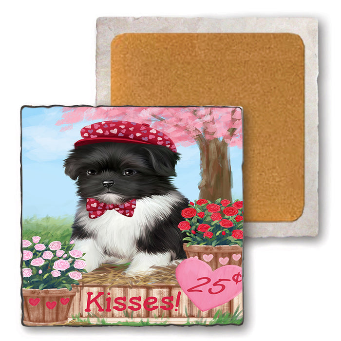 Rosie 25 Cent Kisses Shih Tzu Dog Set of 4 Natural Stone Marble Tile Coasters MCST51036