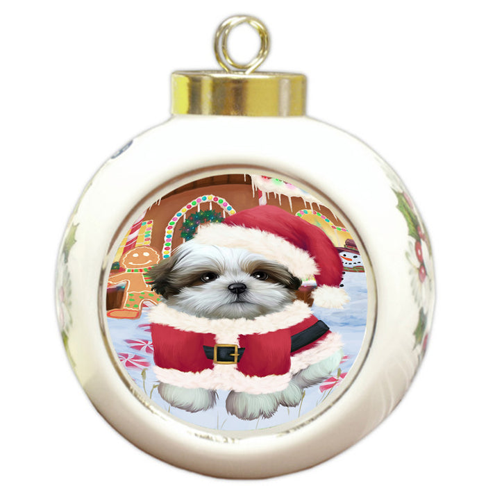 Christmas Gingerbread House Candyfest Shih Tzu Dog Round Ball Christmas Ornament RBPOR56910