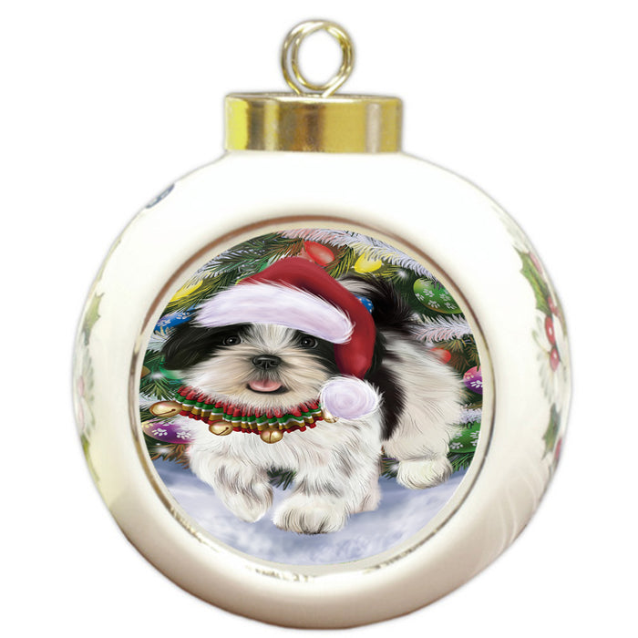 Trotting in the Snow Shih Tzu Dog Round Ball Christmas Ornament RBPOR57027