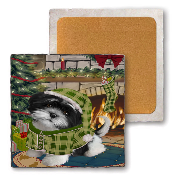 The Stocking was Hung Shih Tzu Dog Set of 4 Natural Stone Marble Tile Coasters MCST50620