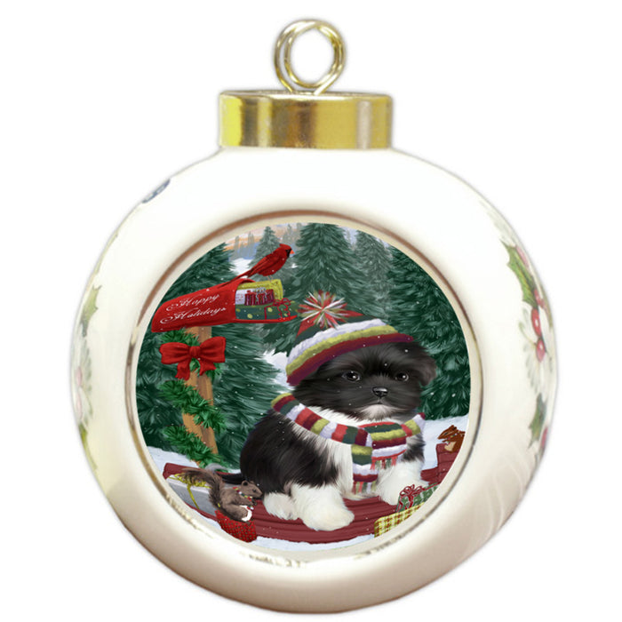 Merry Christmas Woodland Sled Shih Tzu Dog Round Ball Christmas Ornament RBPOR55397