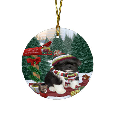 Merry Christmas Woodland Sled Shih Tzu Dog Round Flat Christmas Ornament RFPOR55397