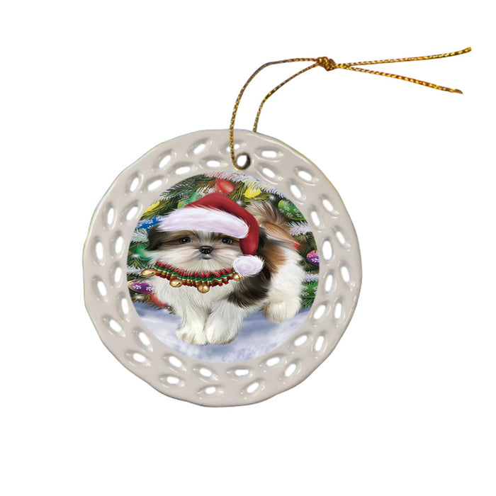Trotting in the Snow Shih Tzu Dog Ceramic Doily Ornament DPOR57222