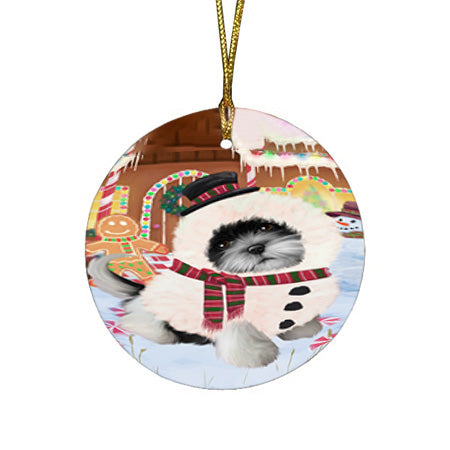 Christmas Gingerbread House Candyfest Shih Tzu Dog Round Flat Christmas Ornament RFPOR56911