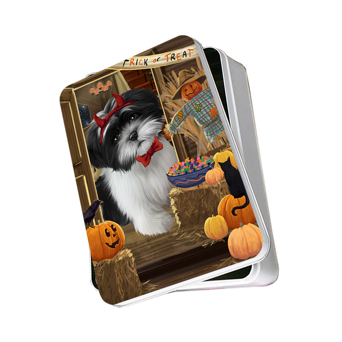 Enter at Own Risk Trick or Treat Halloween Shih Tzu Dog Photo Storage Tin PITN53292