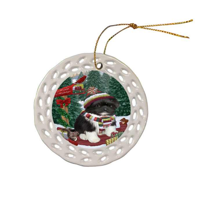 Merry Christmas Woodland Sled Shih Tzu Dog Ceramic Doily Ornament DPOR55397