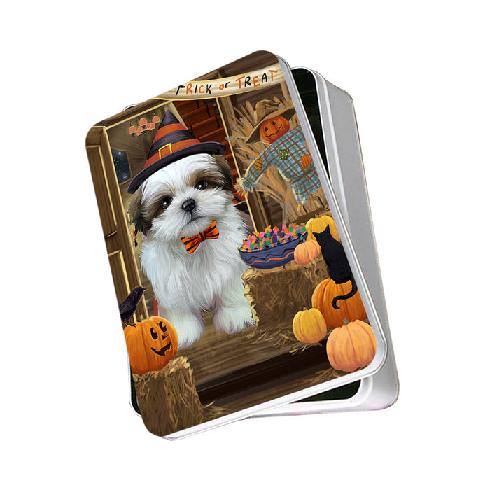 Enter at Own Risk Trick or Treat Halloween Shih Tzu Dog Photo Storage Tin PITN53293